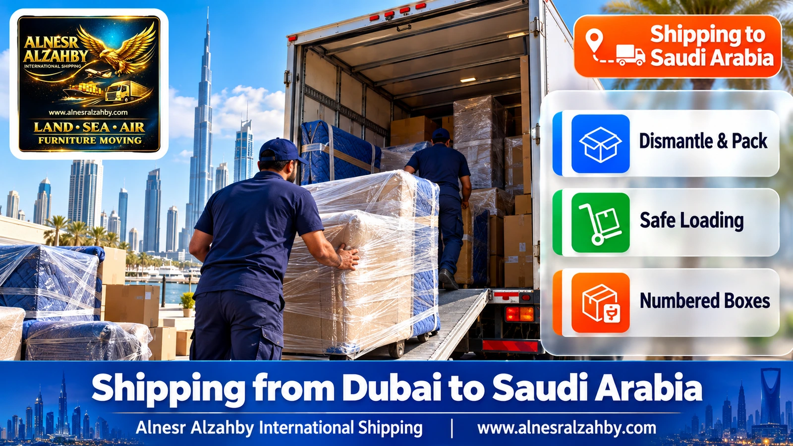 A shipping team loading wrapped furniture into a closed truck in Dubai