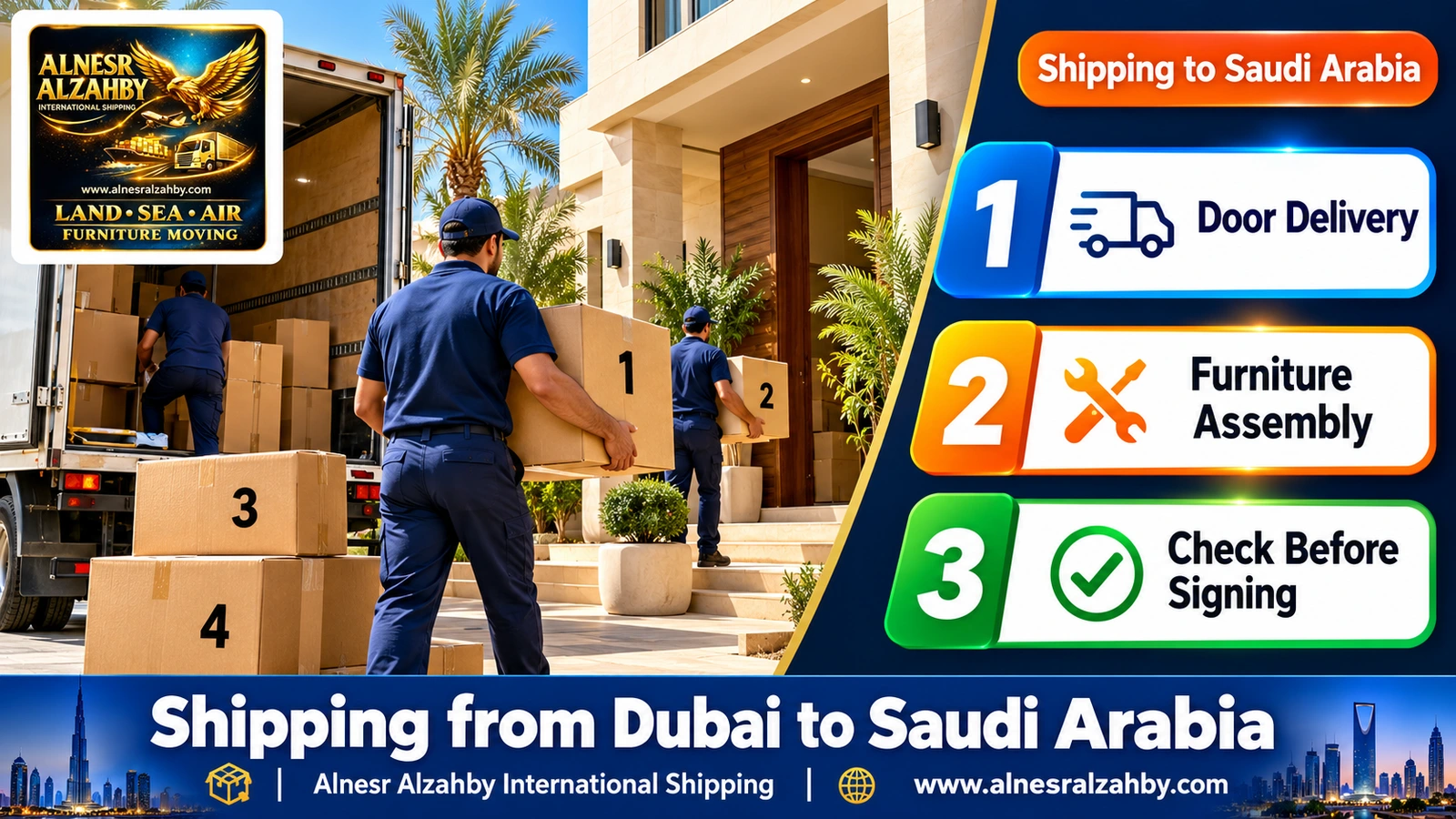 A team delivering numbered boxes to a modern home in Saudi Arabia