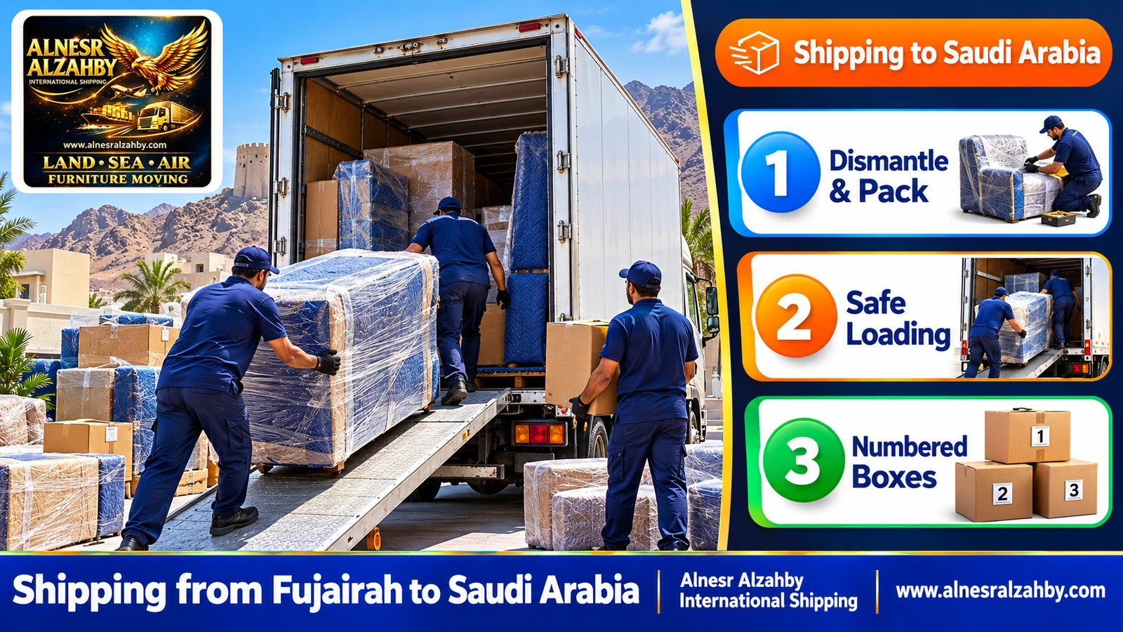 A shipping team loading wrapped furniture into a closed truck in Fujairah