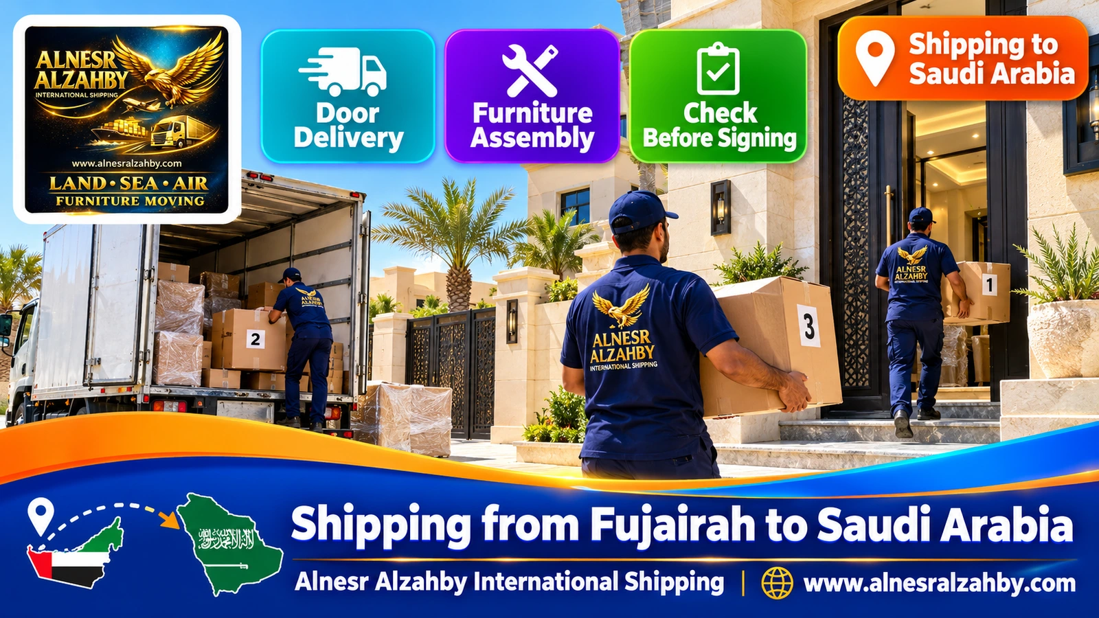 A team delivering numbered boxes to a modern home in Saudi Arabia