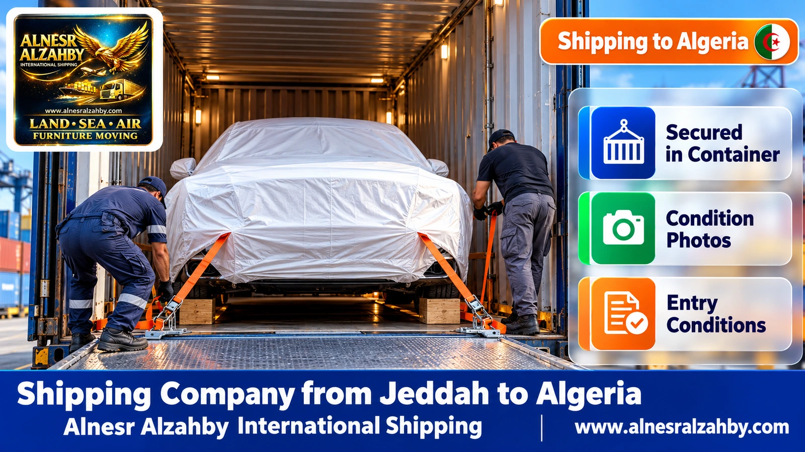 A luxury car under a white protective cover strapped inside a closed container