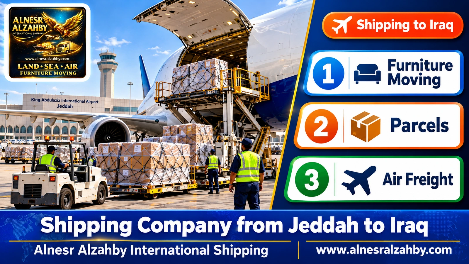 A cargo plane at King Abdulaziz Airport, Jeddah, being loaded with parcels