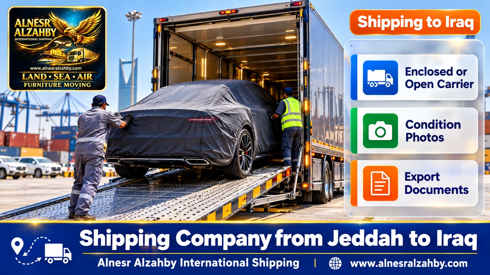 A luxury car under a dark grey protective cover being loaded into an enclosed car carrier at a Jeddah yard