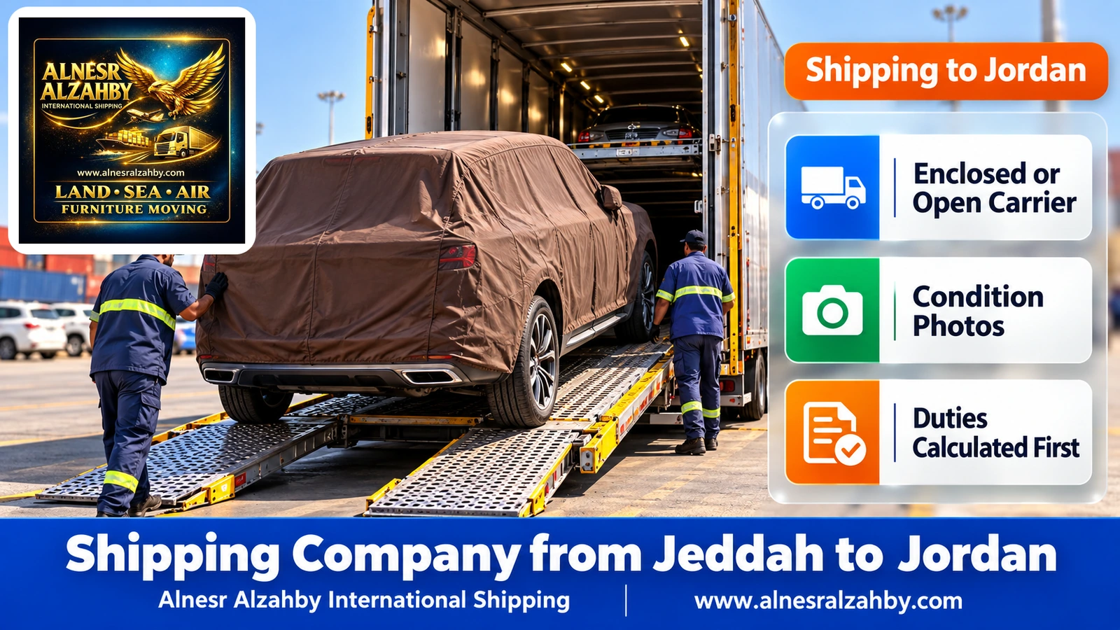 An SUV under a brown protective cover being loaded into an enclosed car carrier at a Jeddah yard