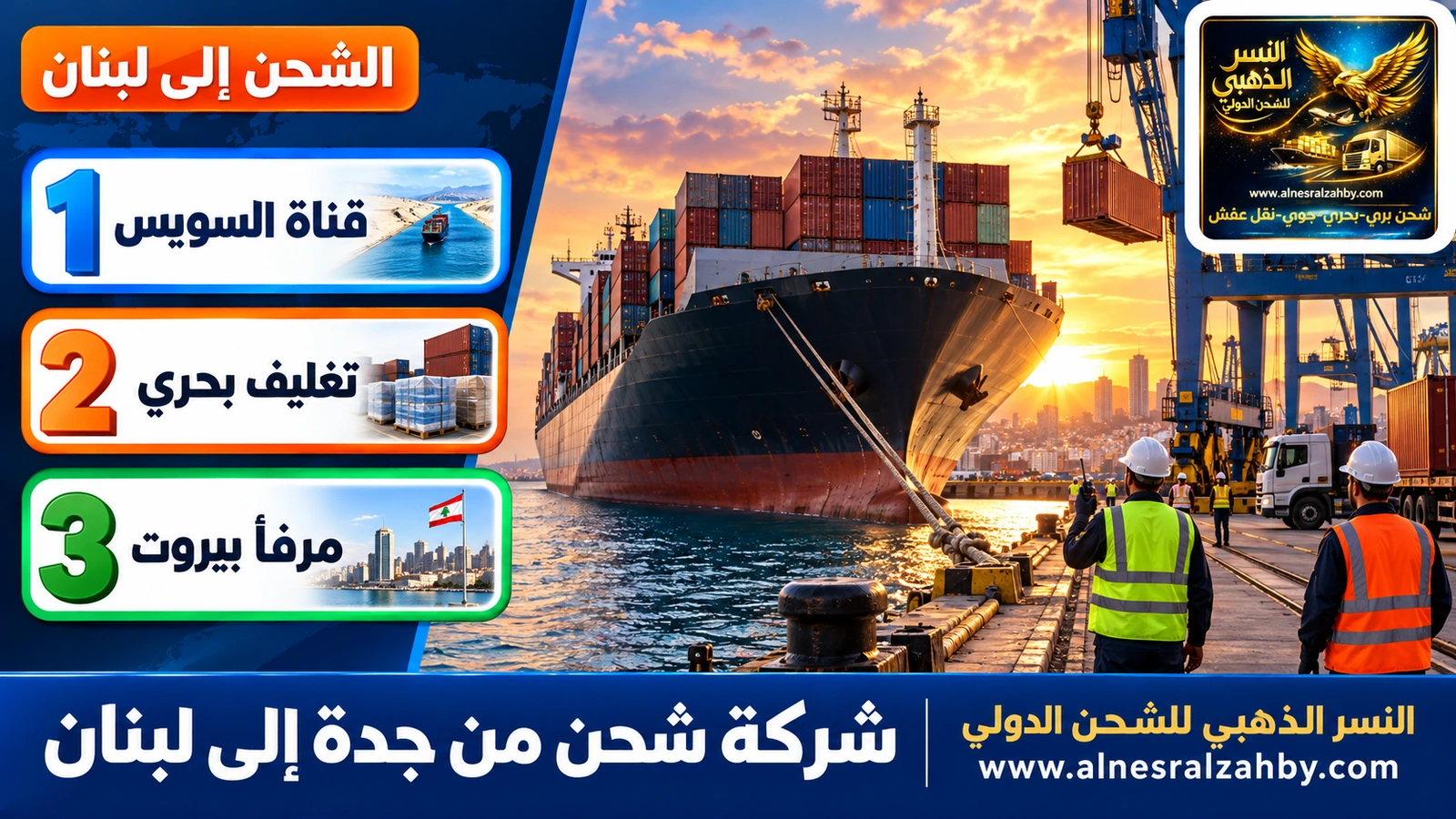 سفينة حاويات ترسو في مرفأ بيروت عند الغروب