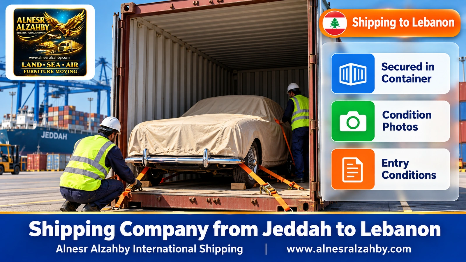 A classic car under a beige protective cover secured inside a container at the Jeddah port yard