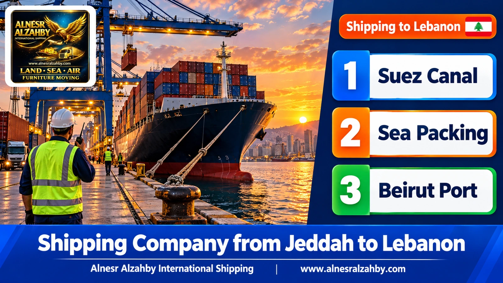 A container ship berthed at Beirut port at sunset