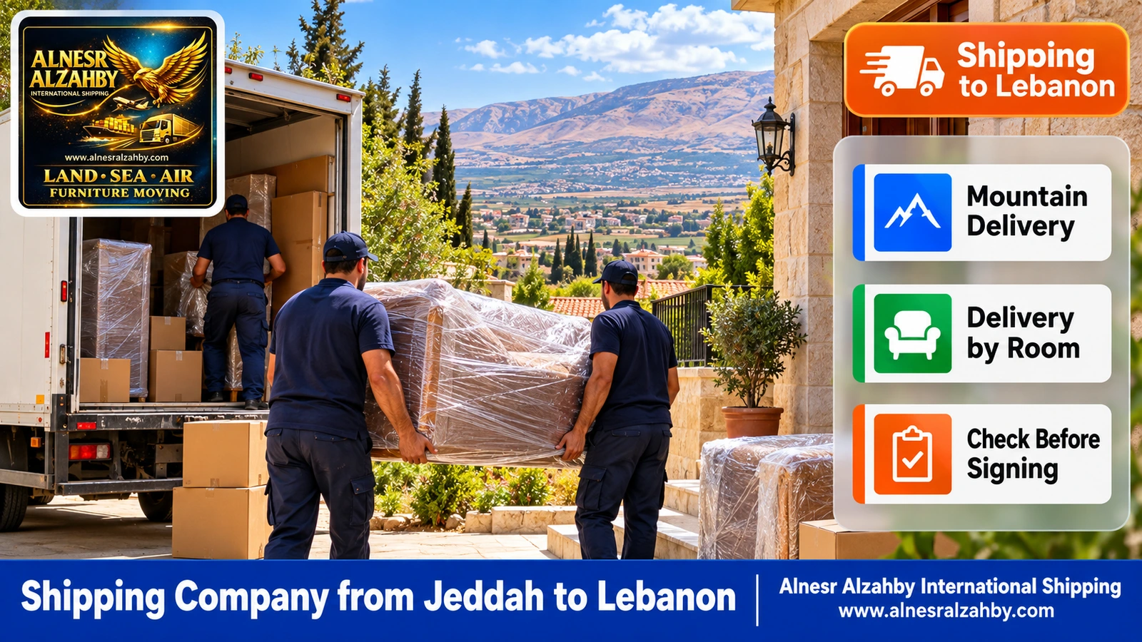 A team delivering wrapped furniture to a house in Zahle with the Bekaa plain behind