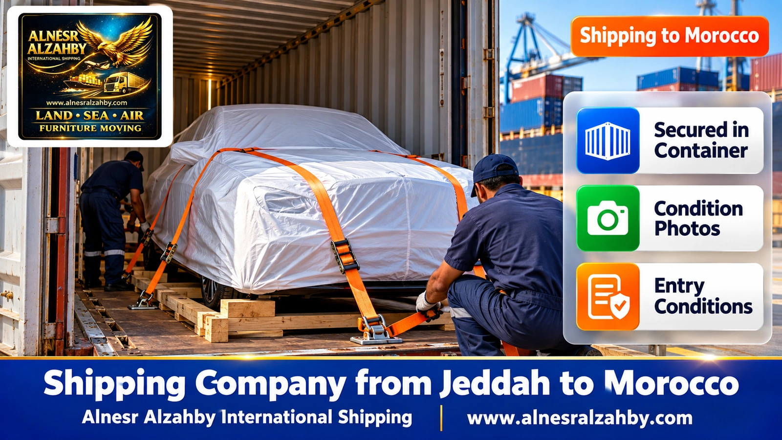 A luxury car under a white protective cover strapped inside a closed container