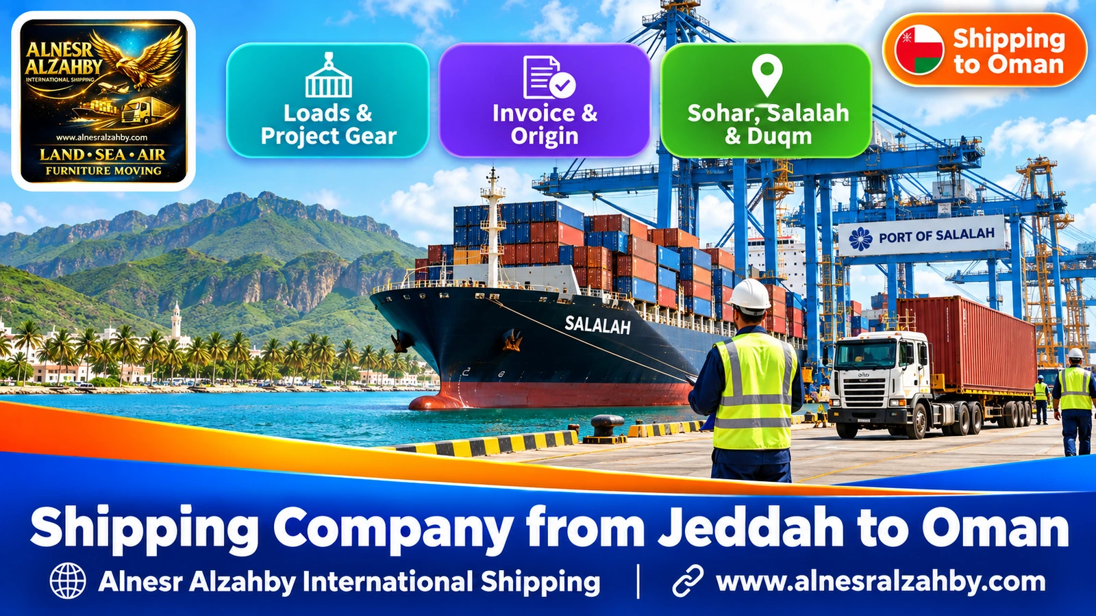 A container ship at Salalah port with palm trees and the green Dhofar mountains