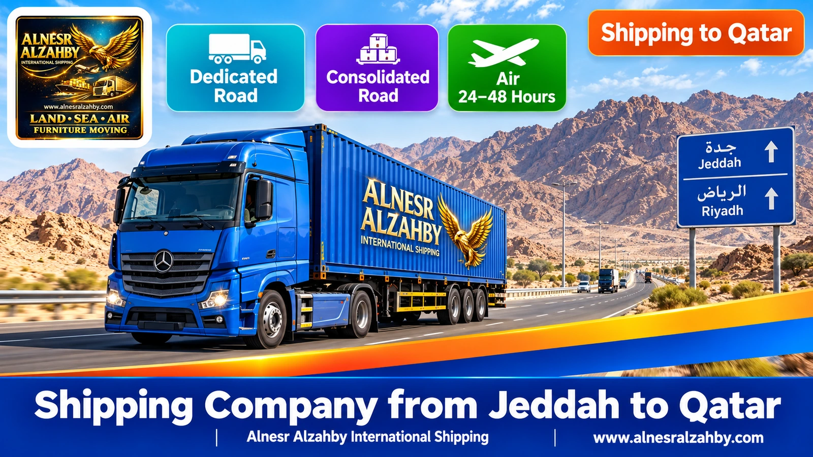A blue cargo truck on the Jeddah–Riyadh highway with the Hijaz mountains behind in the morning