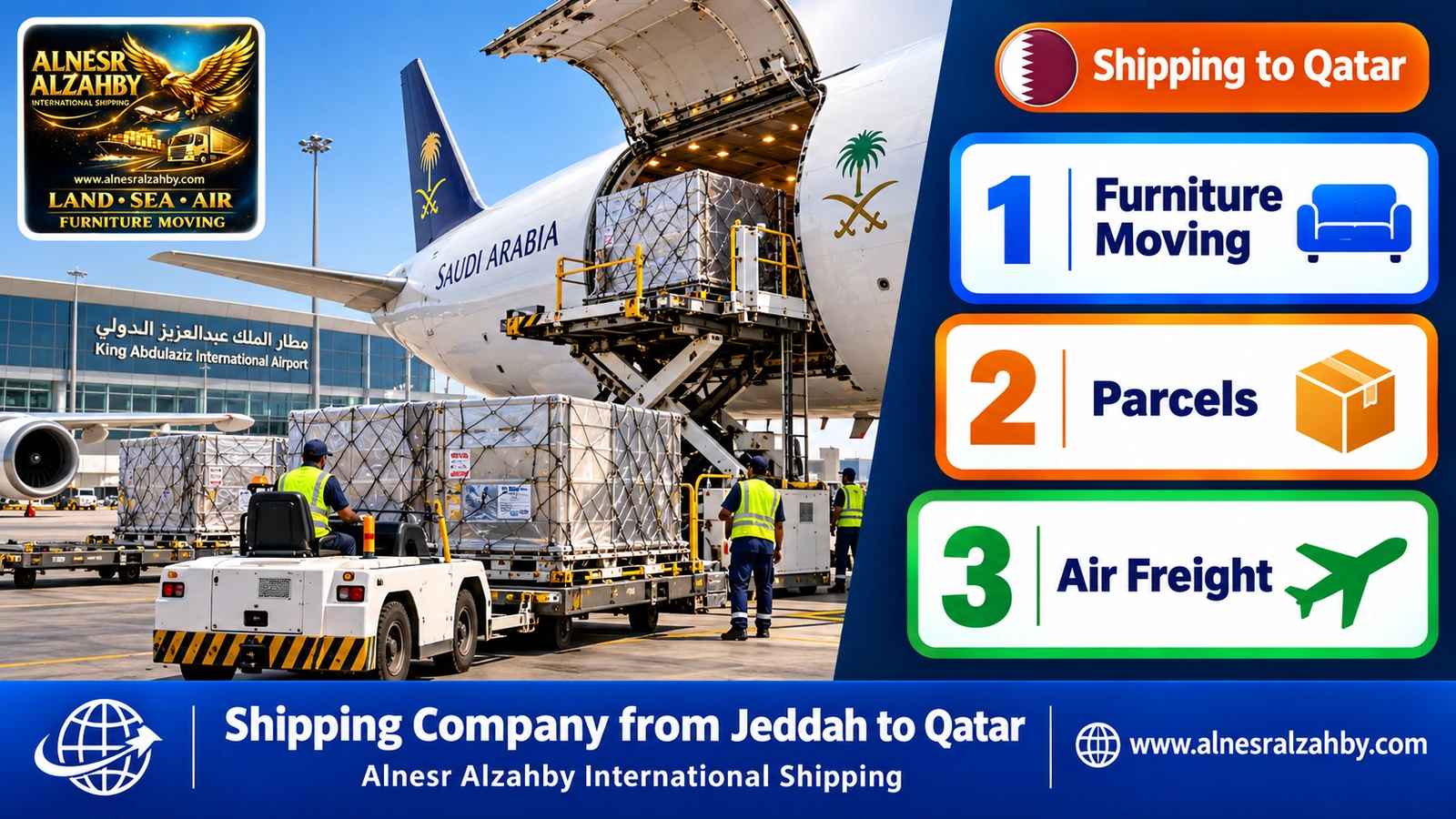A cargo plane at King Abdulaziz International Airport being loaded with air containers