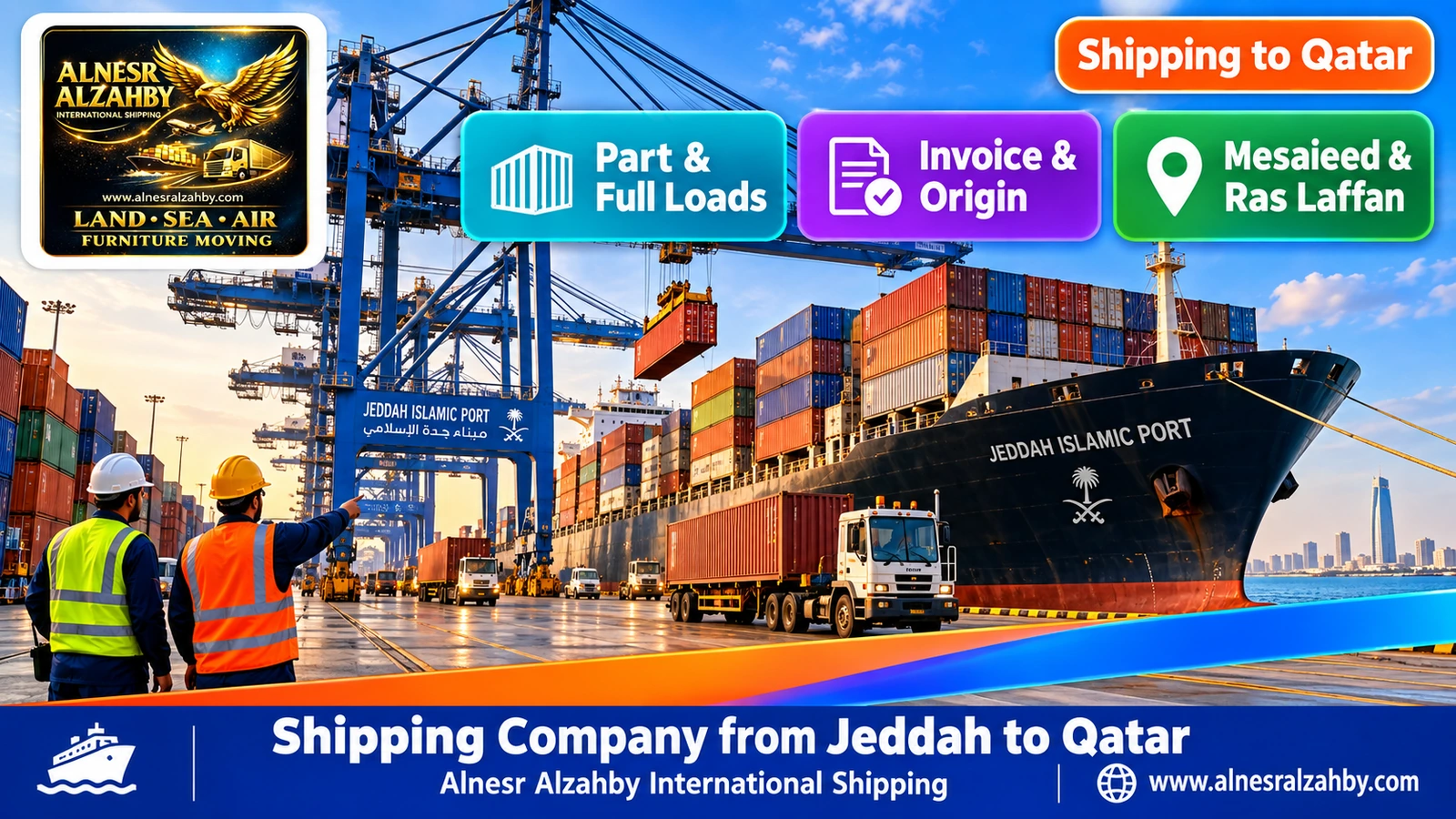 A container ship at Jeddah Islamic Port with huge cranes and colourful containers