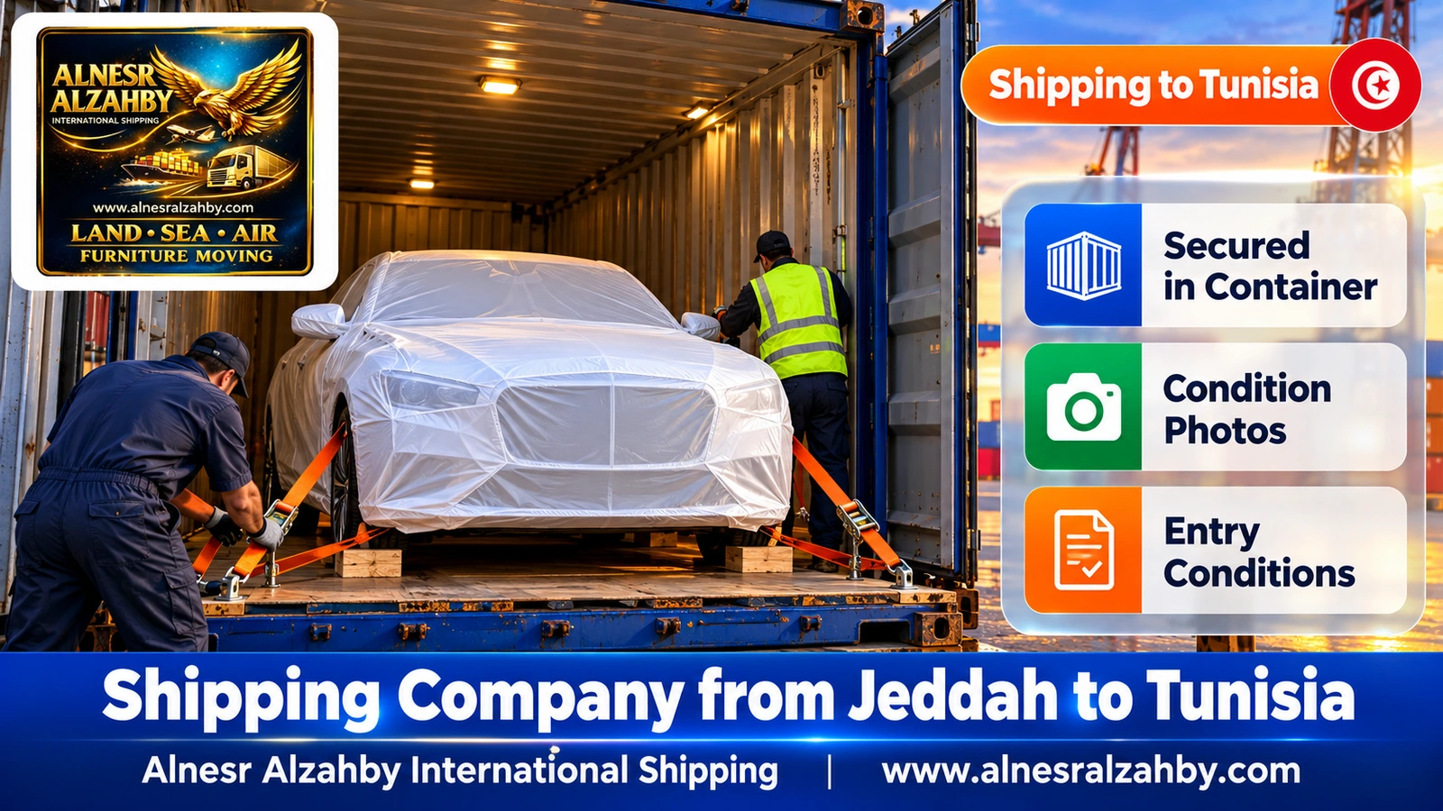 A luxury car under a white protective cover strapped inside a closed container
