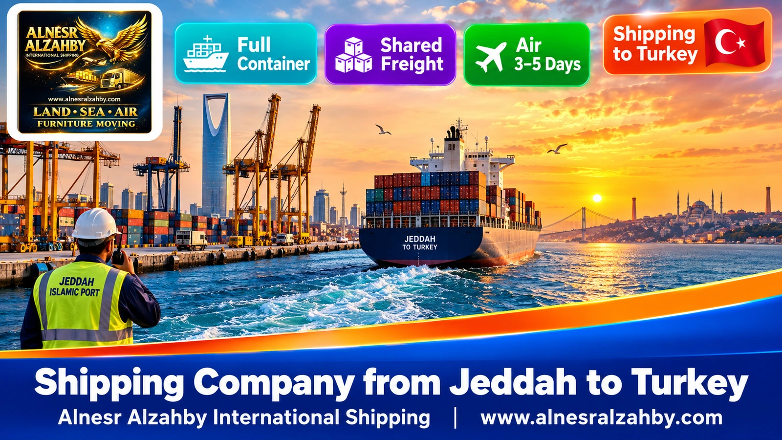 A container ship leaving Jeddah Islamic Port on the Red Sea at sunset