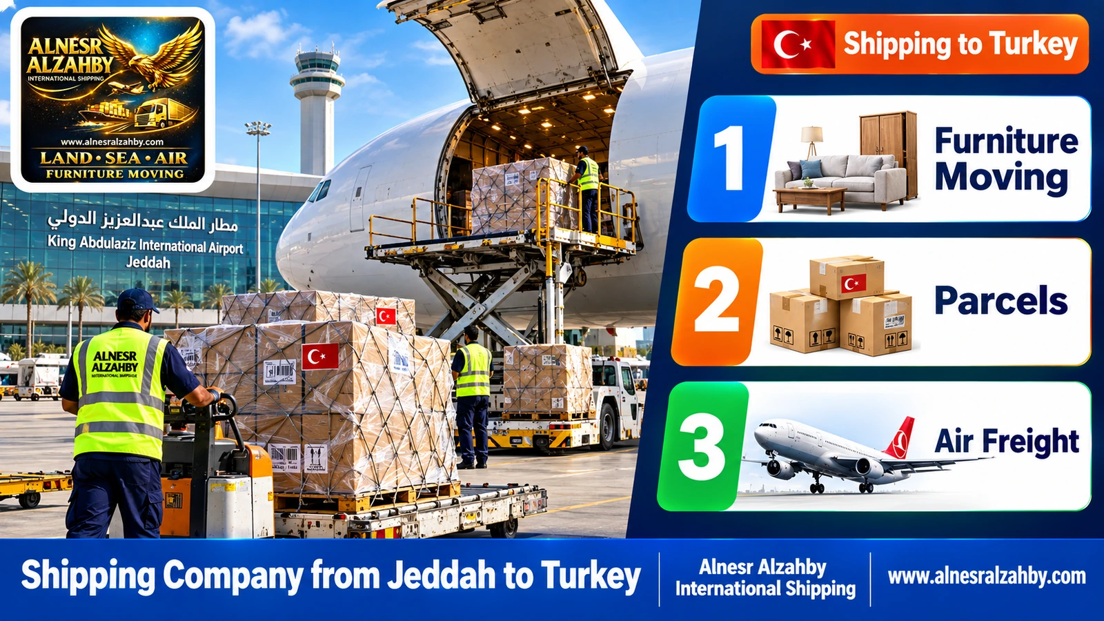 A cargo plane at King Abdulaziz Airport, Jeddah, being loaded with parcels for Turkey