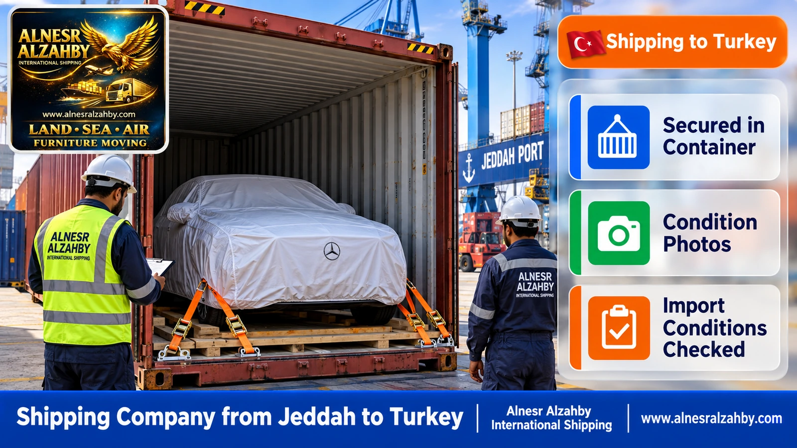 A luxury car under a white protective cover secured inside a container at the Jeddah port yard