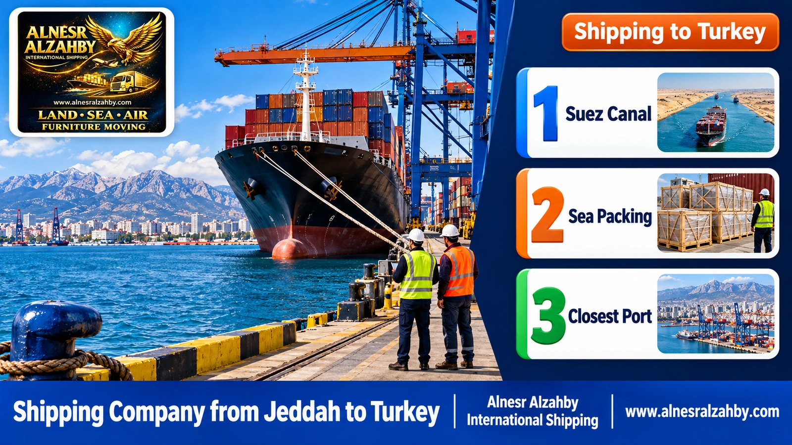 A container ship berthed at Mersin port with the Taurus mountains on the horizon