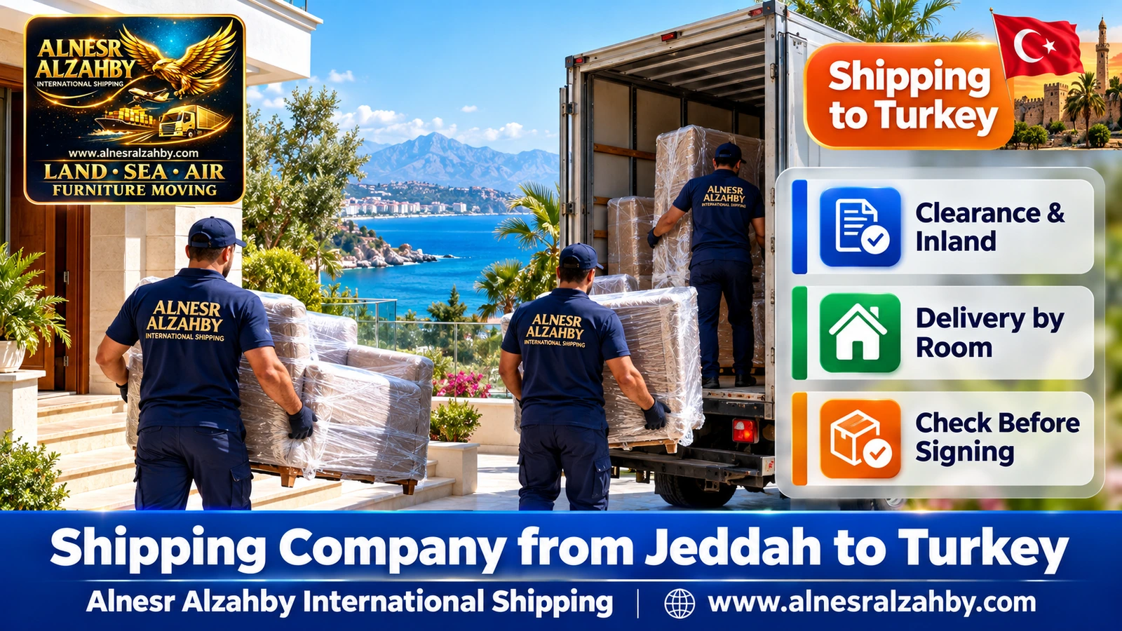 A team delivering wrapped furniture to a villa near the sea in Antalya