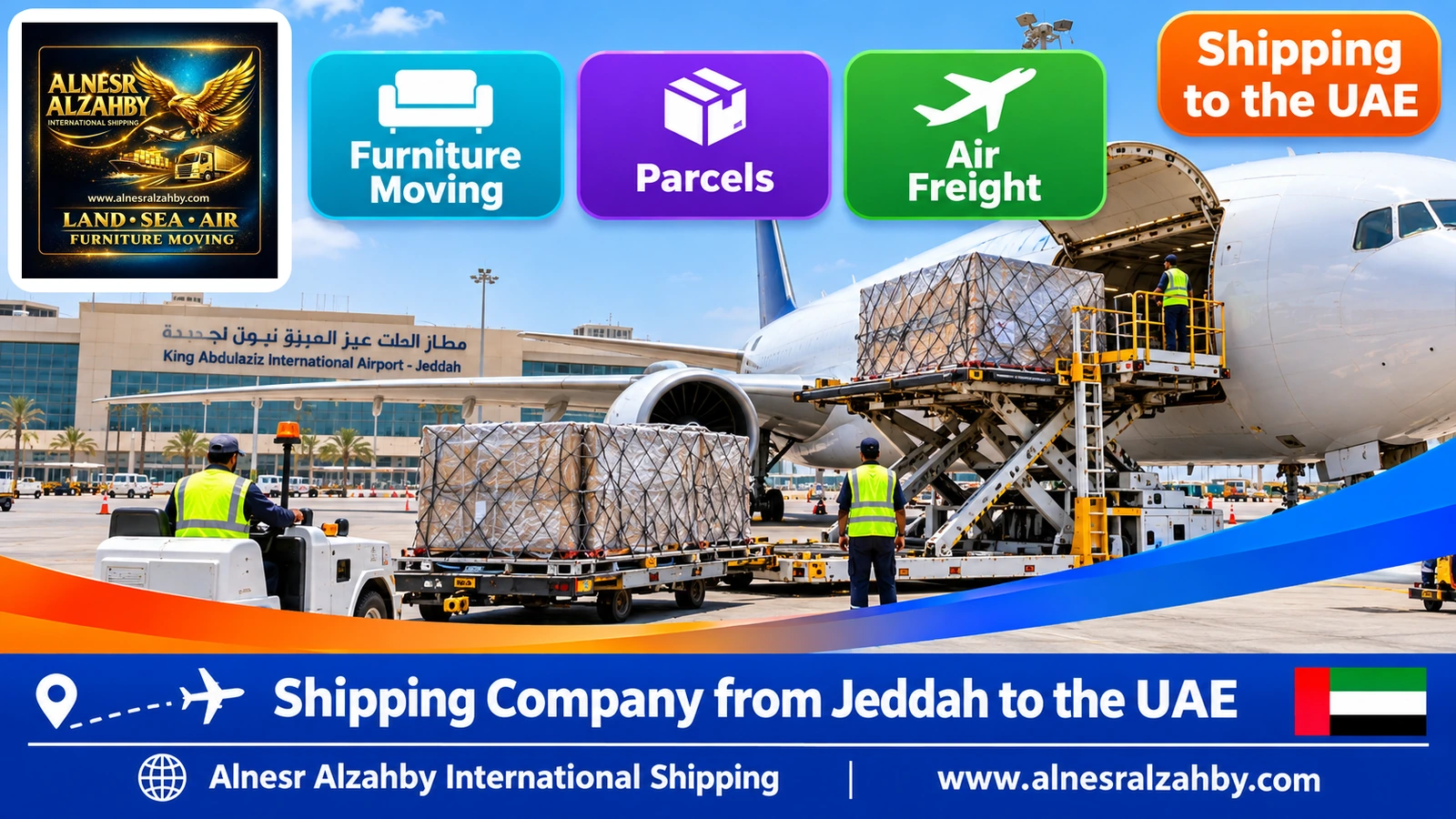A cargo plane at King Abdulaziz International Airport in Jeddah being loaded with air containers