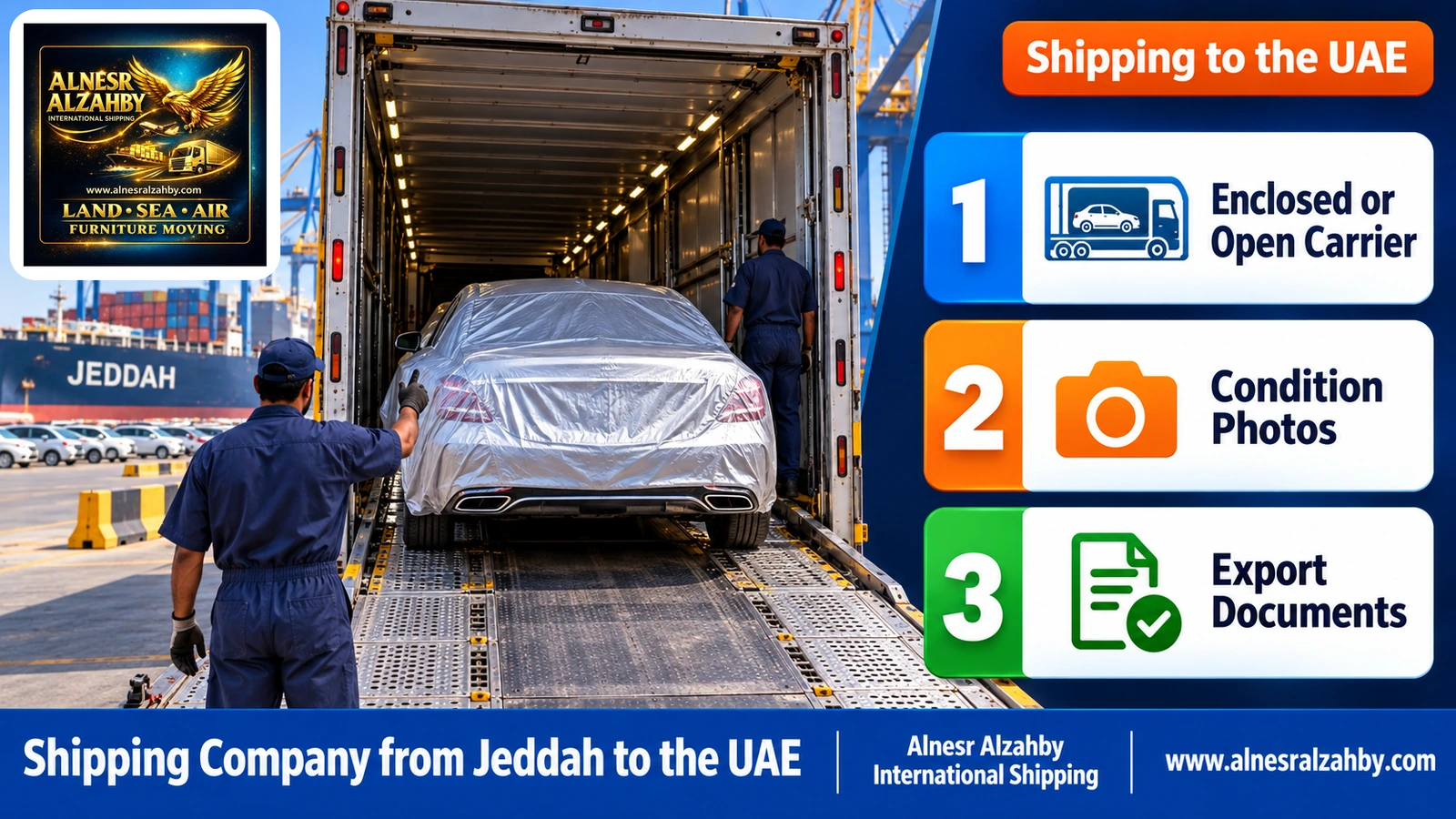 A luxury sedan under a silver protective cover inside an enclosed car carrier at a Jeddah loading yard