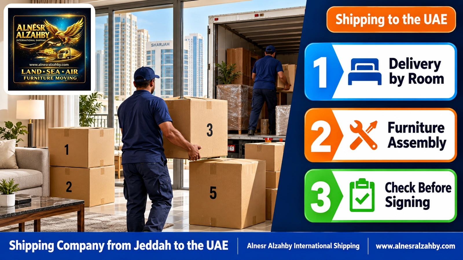 Numbered boxes being unloaded into a modern apartment in Sharjah