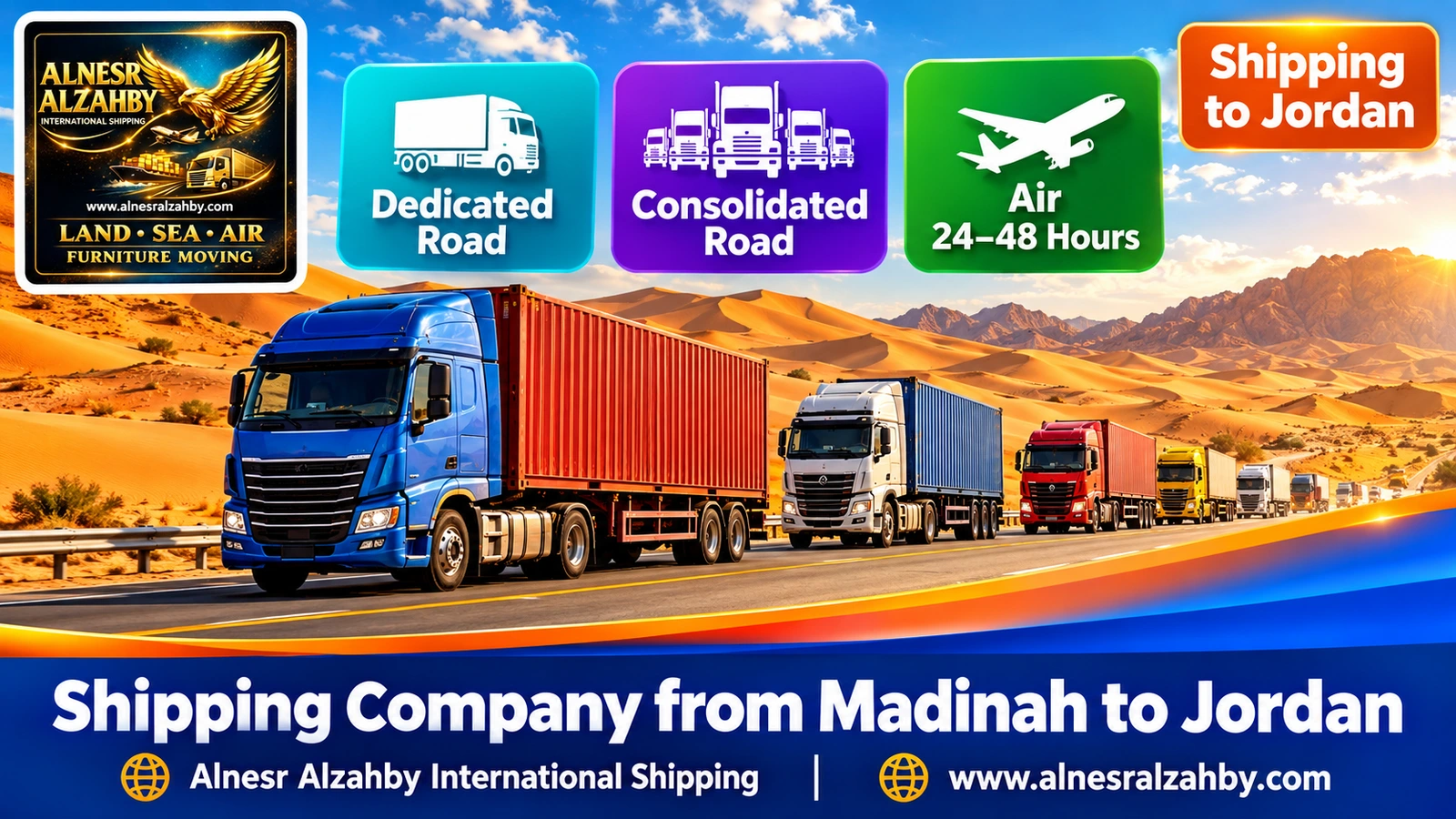 A convoy of colourful trucks on a desert road between golden dunes