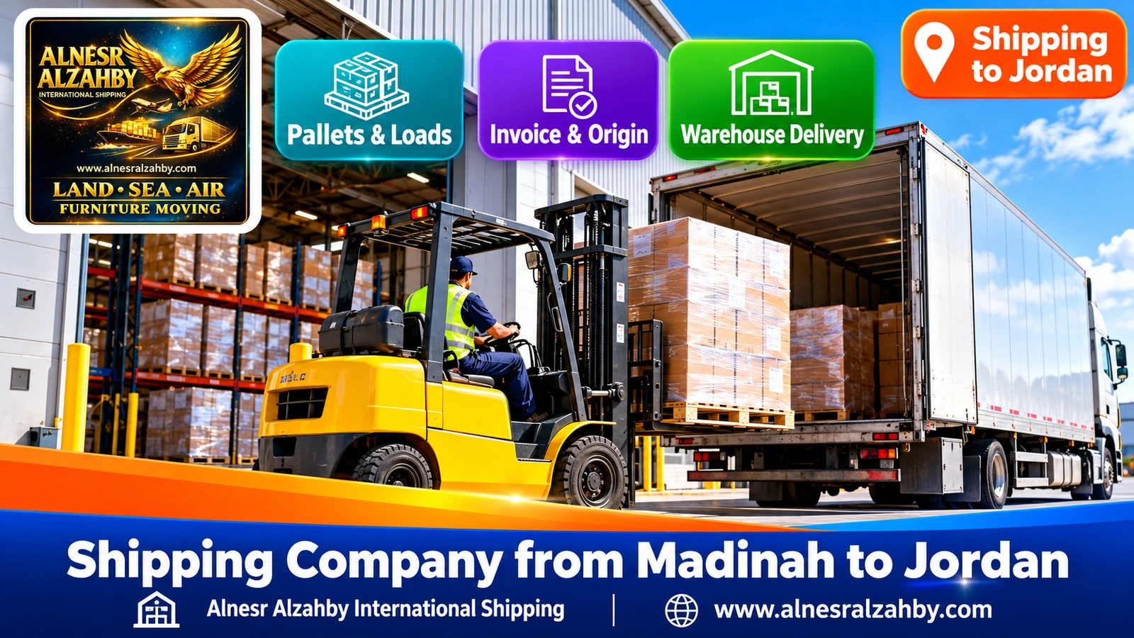 A forklift loading pallets into a truck at a modern warehouse dock