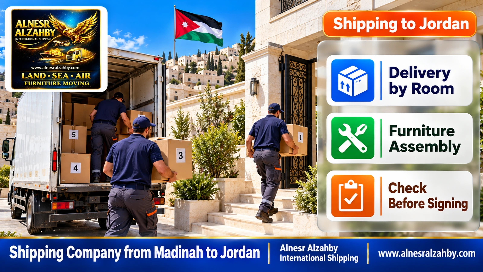 A team delivering numbered boxes to a white stone house in Amman