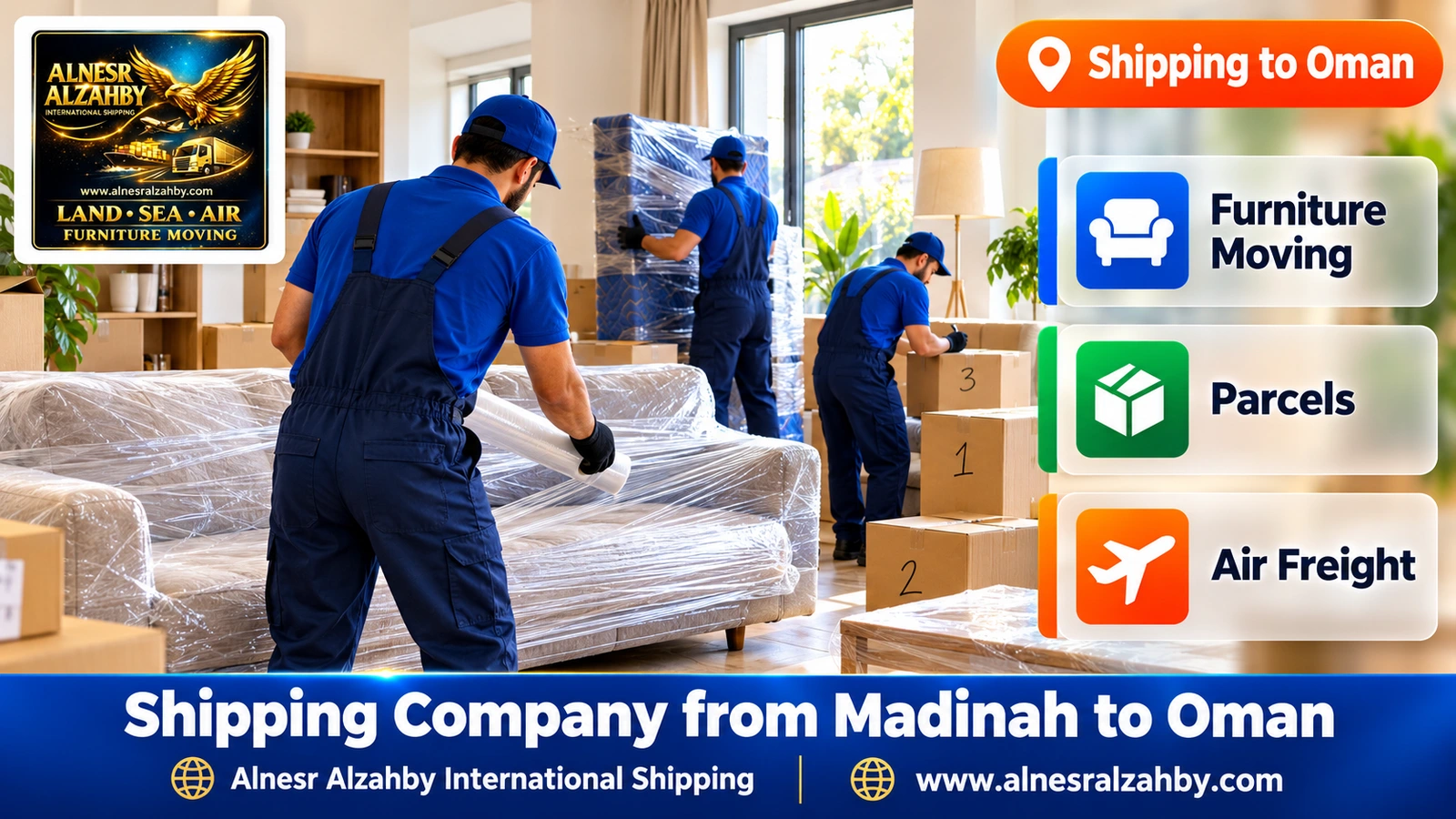 A team in blue uniforms wrapping furniture in a bright living room and numbering boxes
