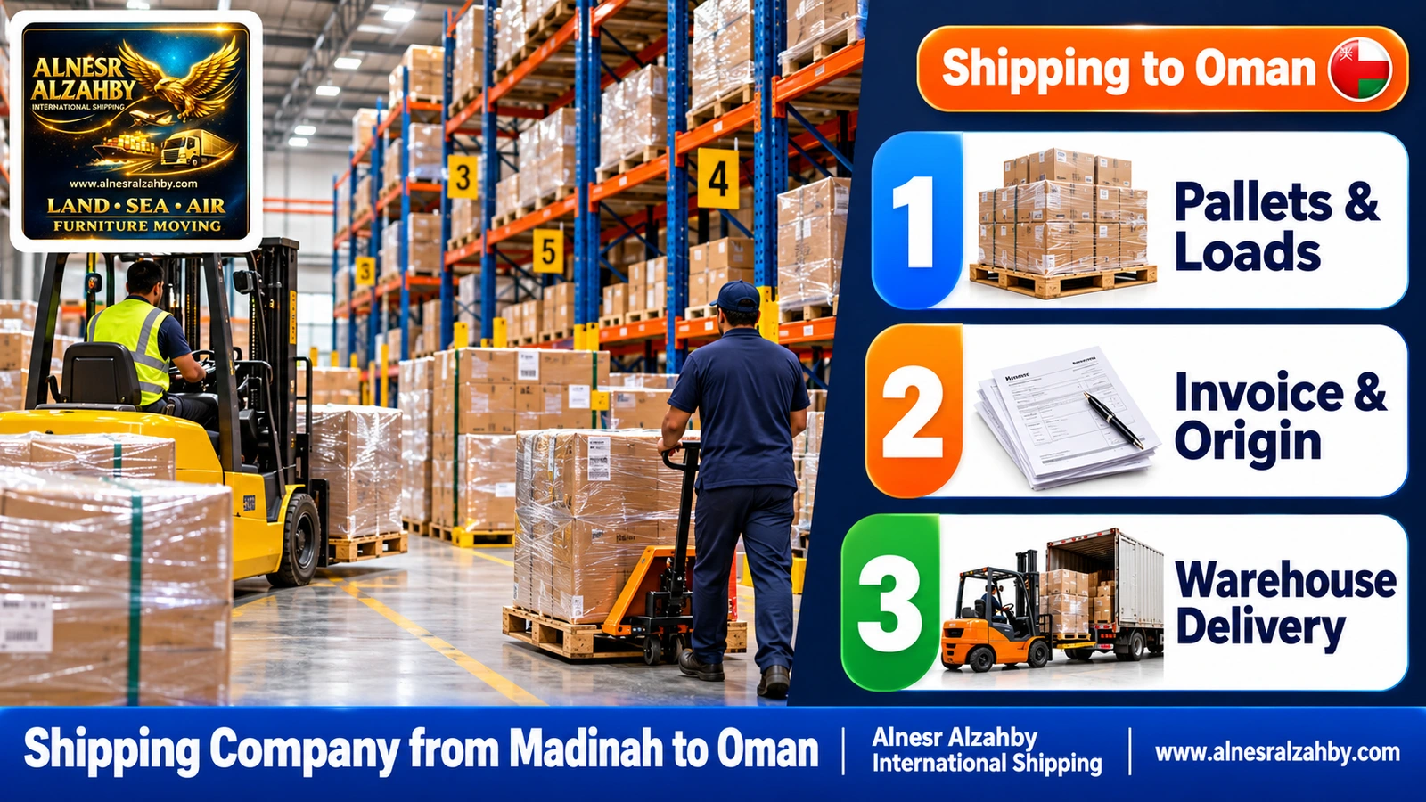 An organised consolidation warehouse with tall racks and numbered pallets