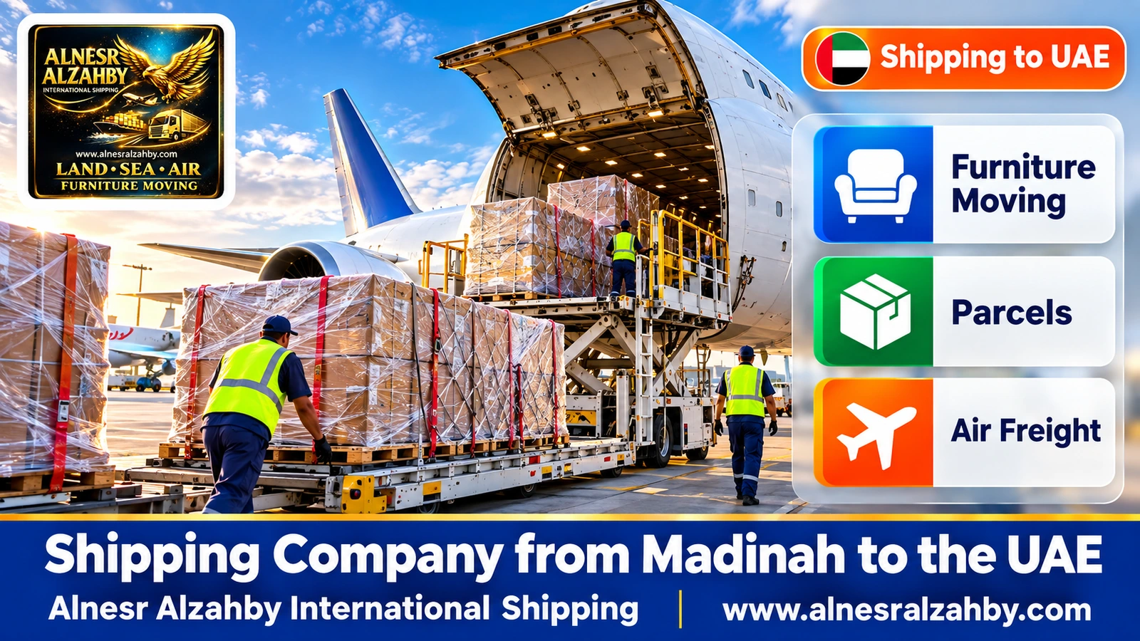 Stretch-wrapped parcels loaded onto a cargo plane on a modern apron