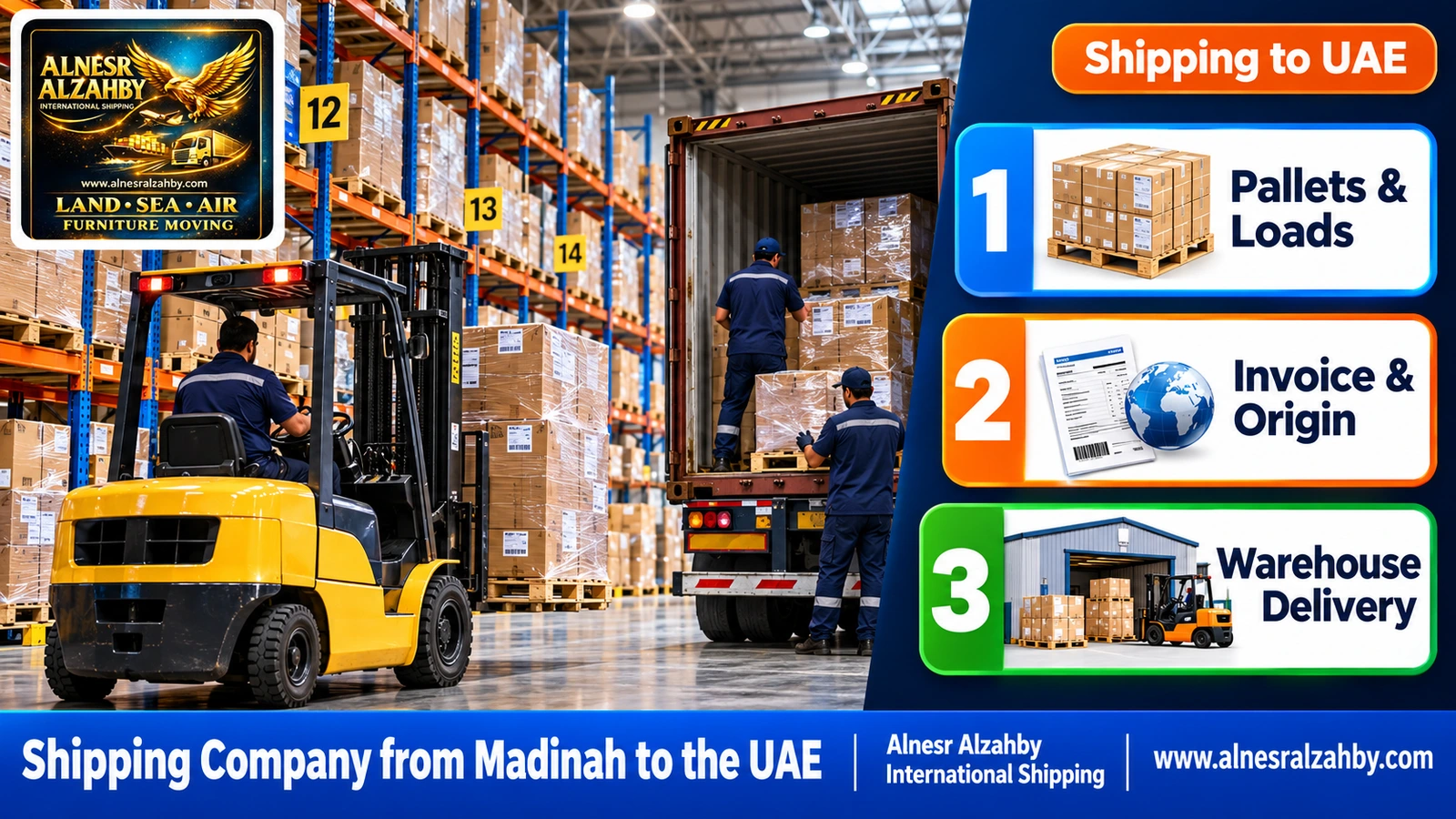 An organised consolidation warehouse with tall racks and numbered pallets