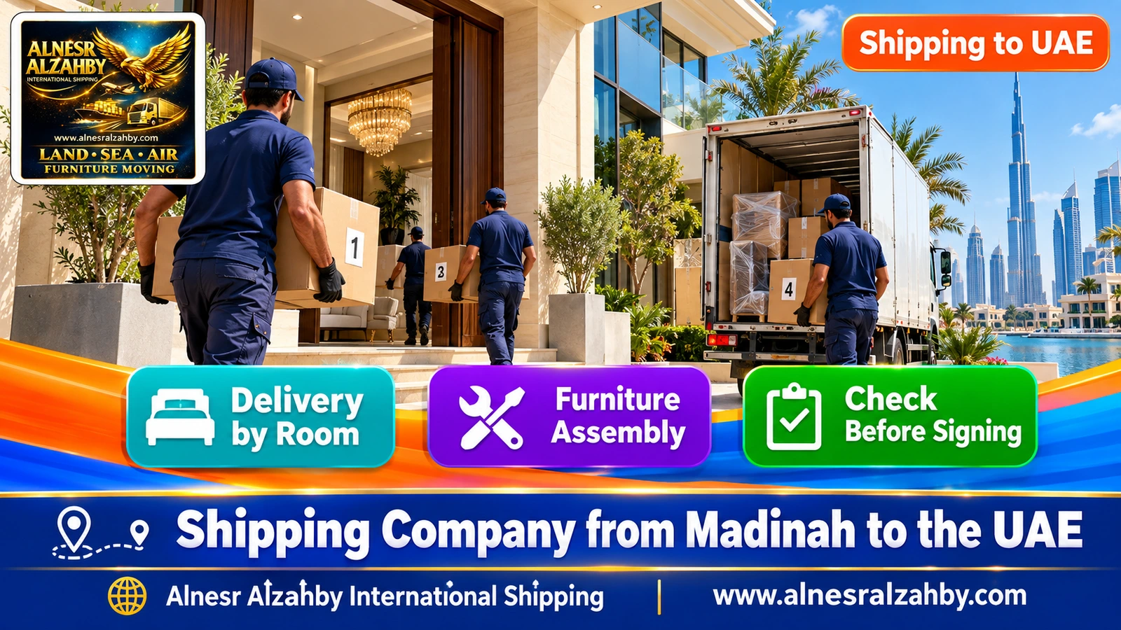 A team bringing numbered boxes into a modern villa in Dubai