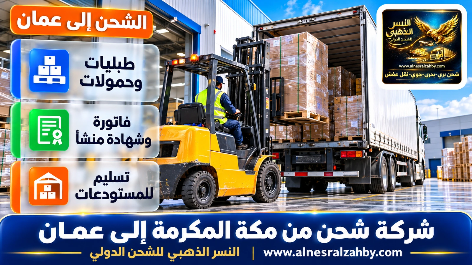 رافعة شوكية تحمّل طبليات في شاحنة عند رصيف مستودع حديث