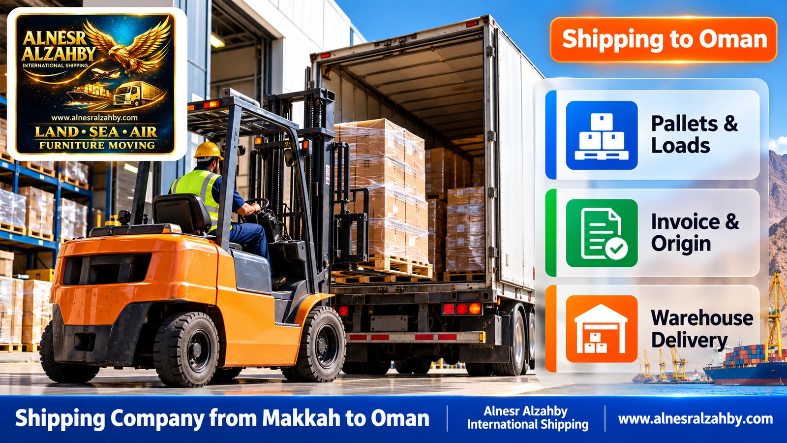 A forklift loading pallets into a truck at a modern warehouse dock