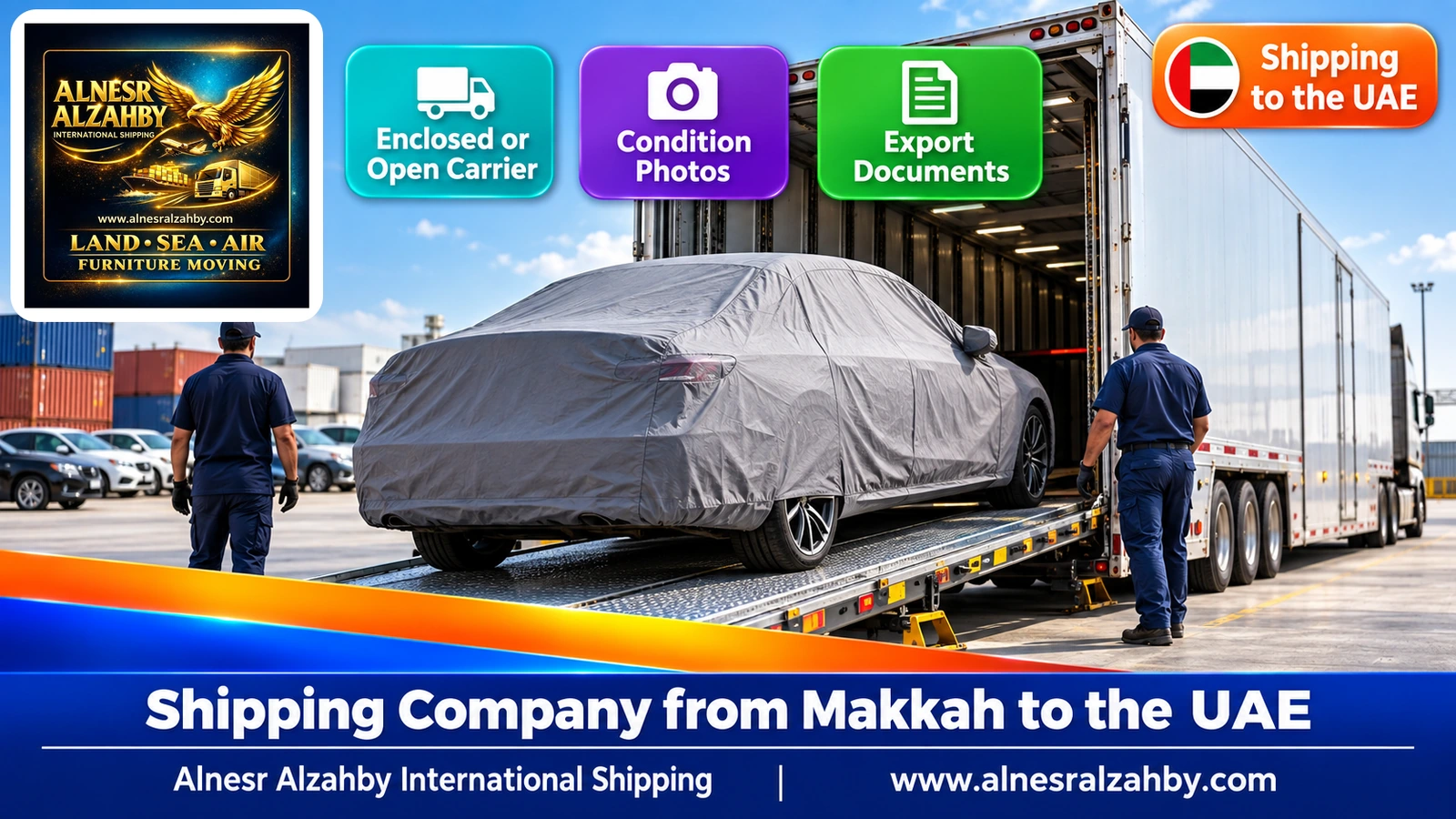 A sedan under a grey protective cover being carefully loaded into an enclosed car carrier at a modern yard
