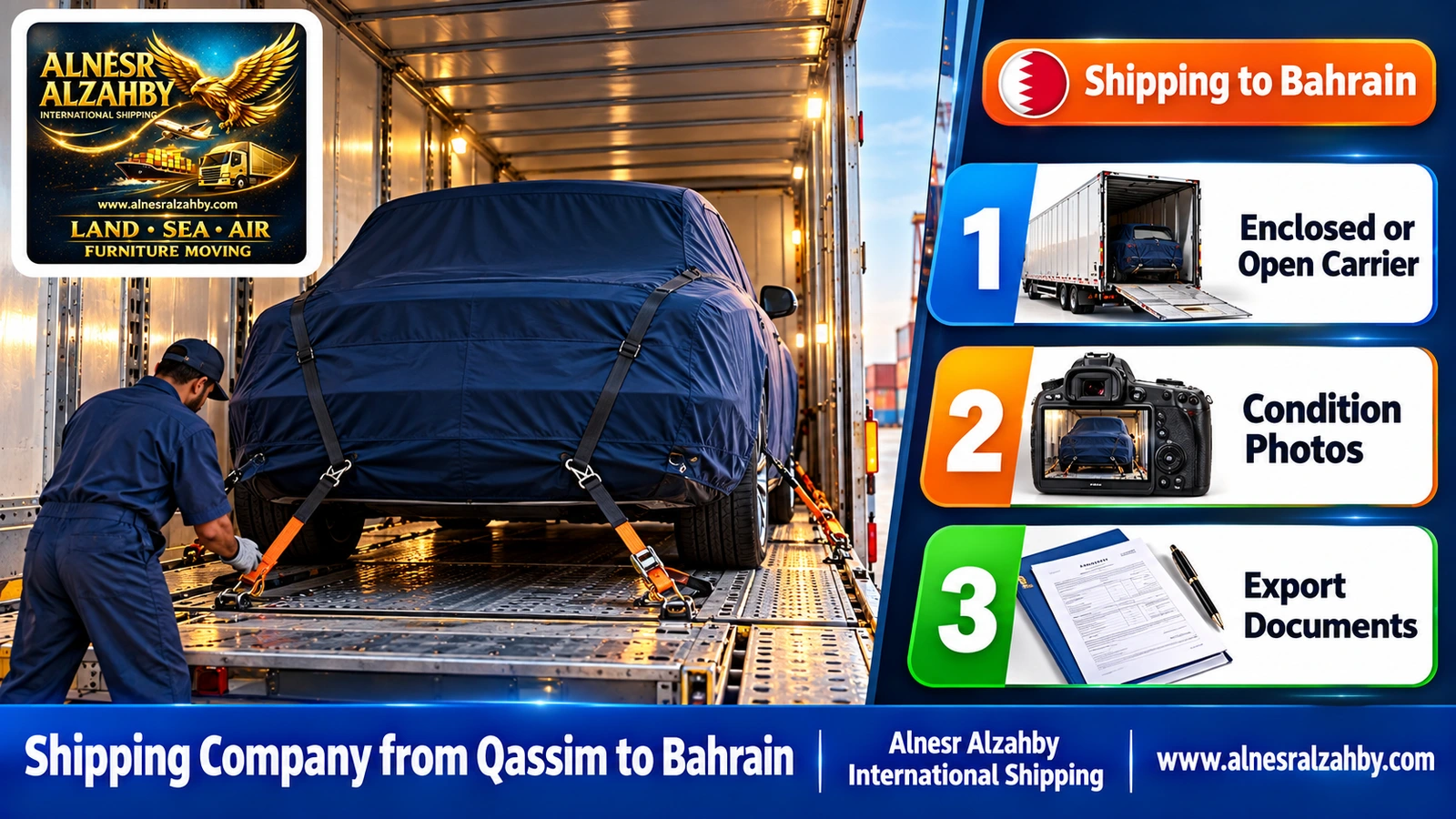 A family car under a navy protective cover strapped inside an enclosed carrier