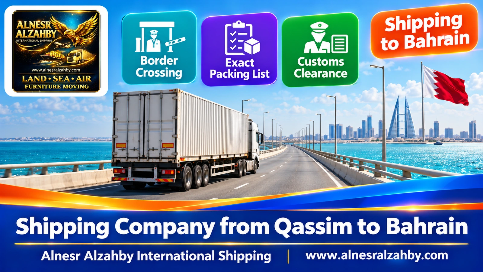 A truck crossing the King Fahd Causeway over turquoise Gulf waters