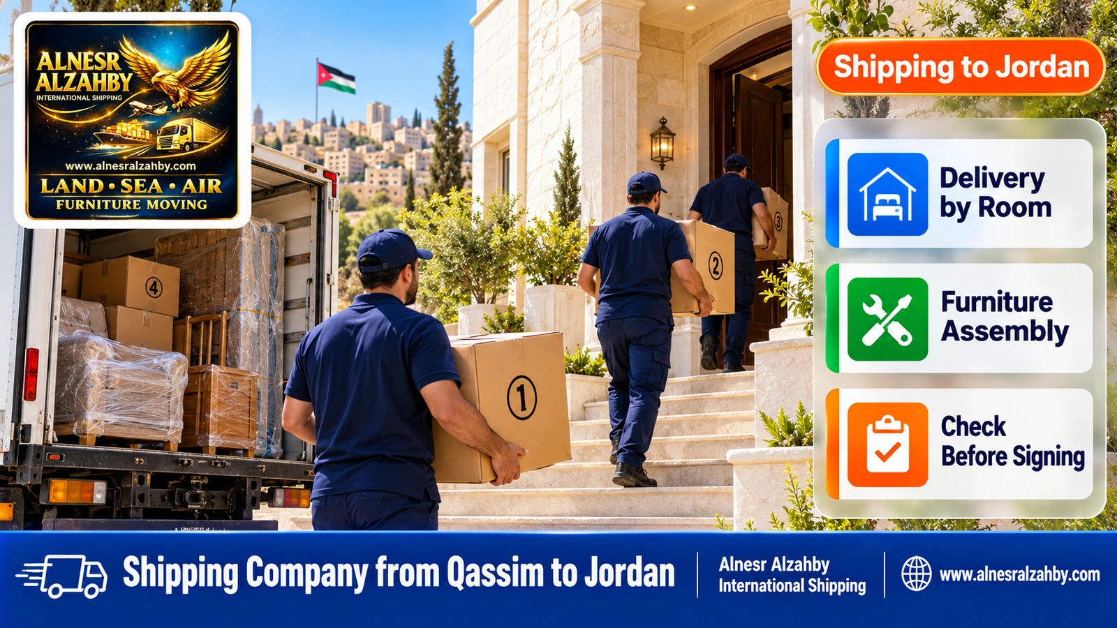 A team delivering numbered boxes to a white stone house in Amman