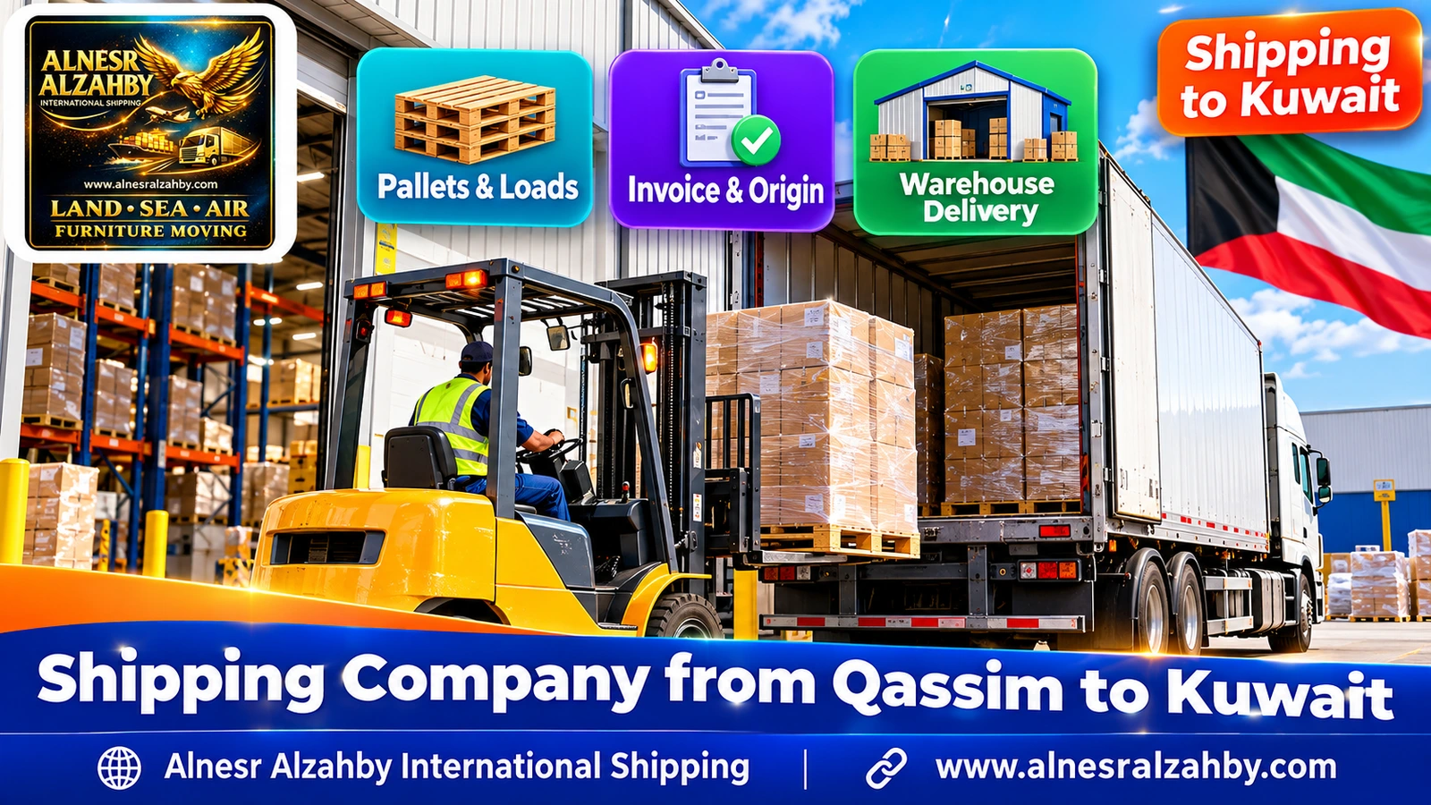 A forklift loading pallets into a truck at a modern warehouse dock