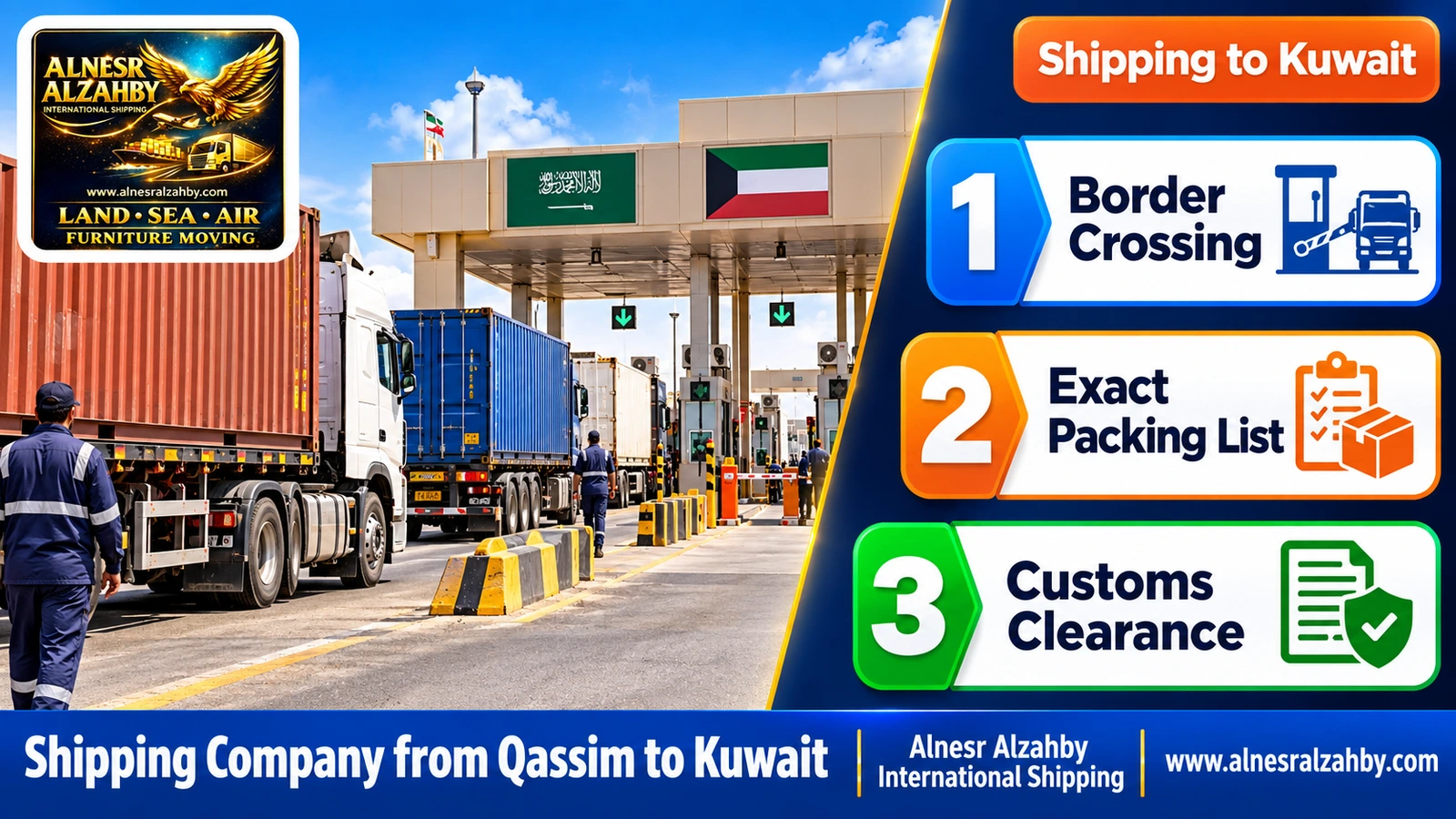 A modern Saudi–Kuwait border crossing with trucks in line