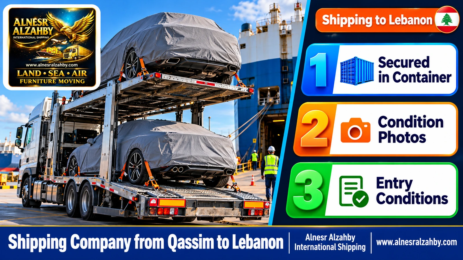 Two cars under grey protective covers on both decks of a modern car carrier