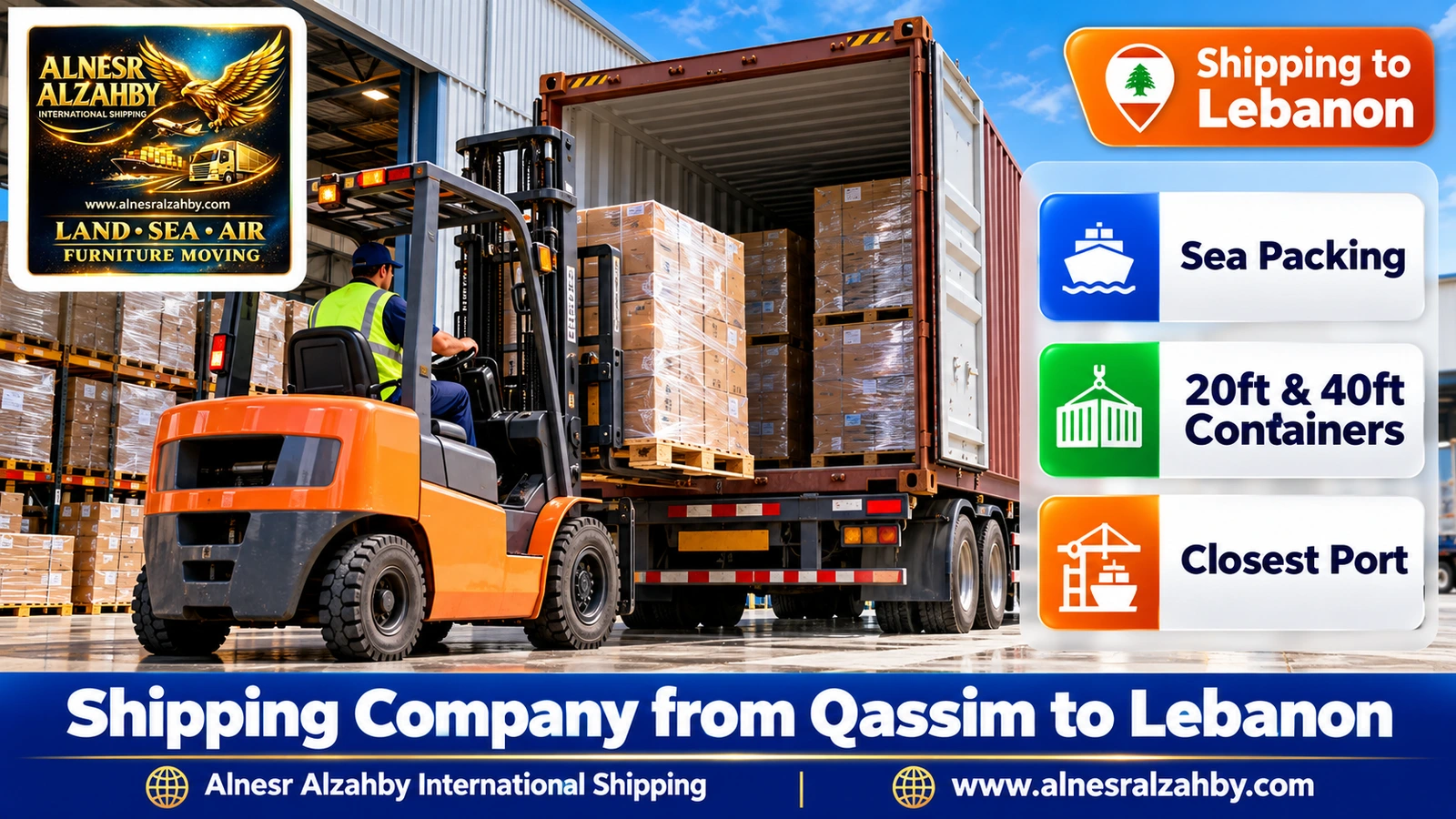 A forklift loading pallets into a truck at a modern warehouse dock