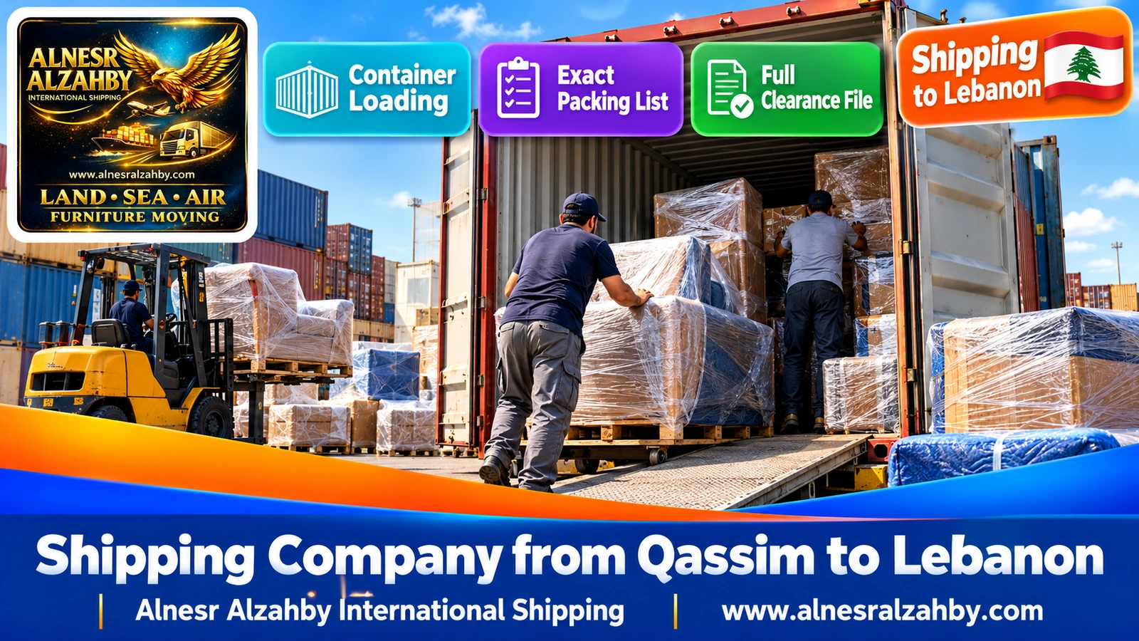 Loading wrapped furniture into a 20ft container at a loading yard