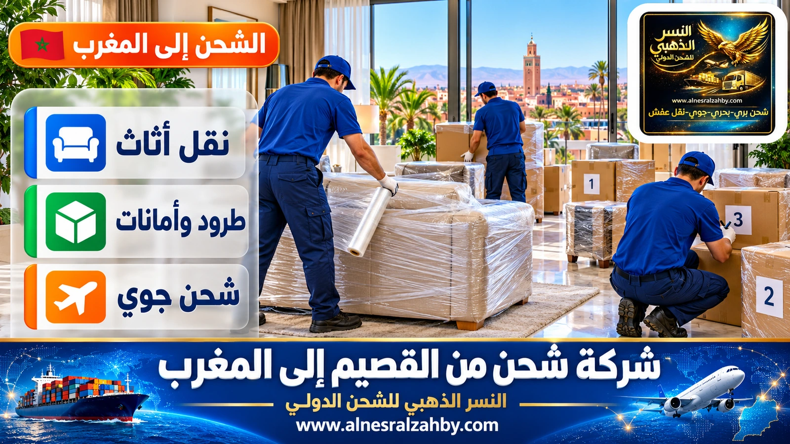 فريق بزي أزرق يغلف أثاثاً في صالة مشرقة ويرقم الصناديق