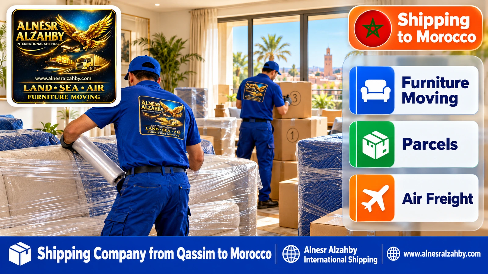 A team in blue uniforms wrapping furniture in a bright living room and numbering boxes