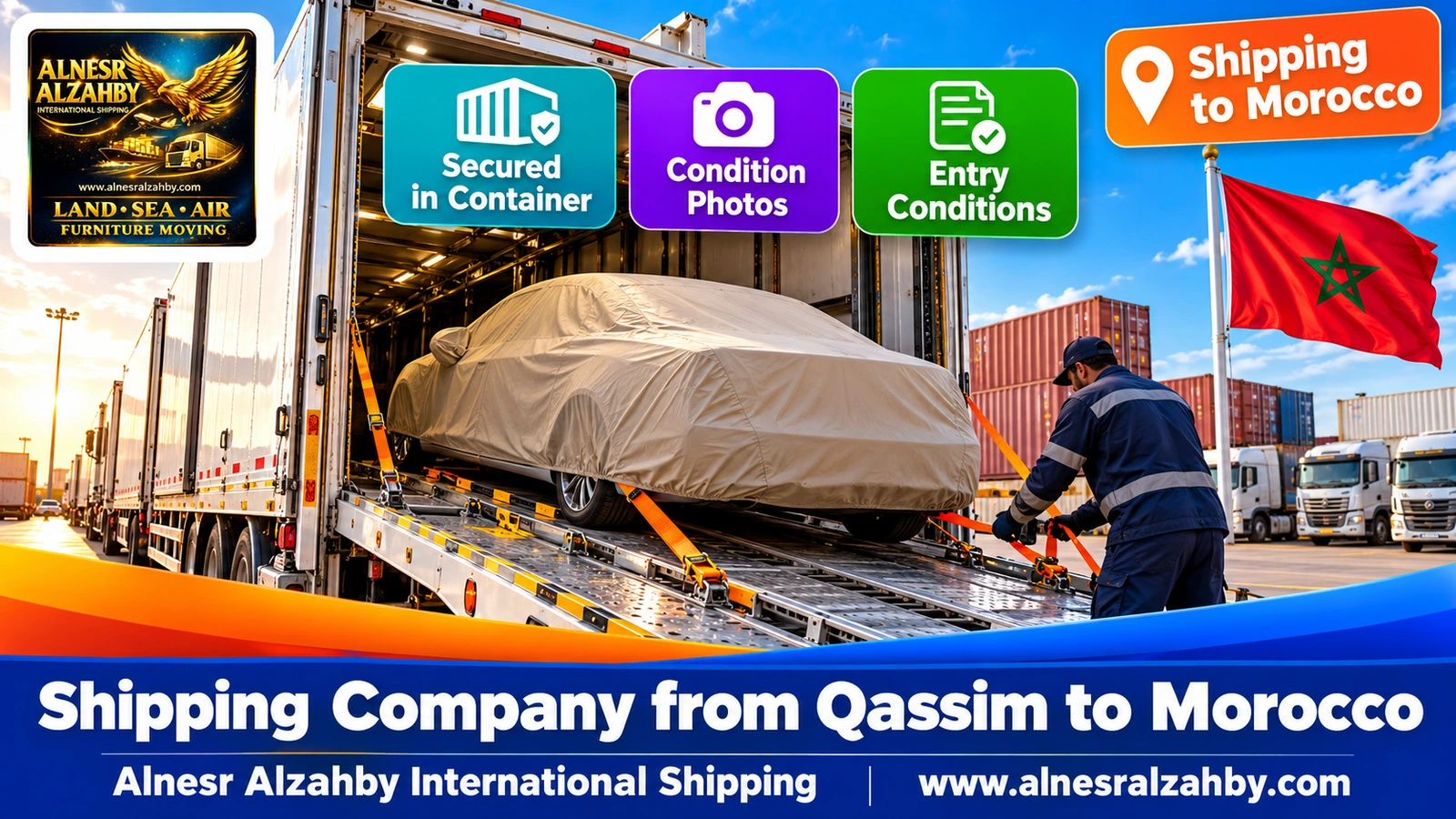 A sedan under a beige protective cover on the ramp of an enclosed car carrier in an organised yard