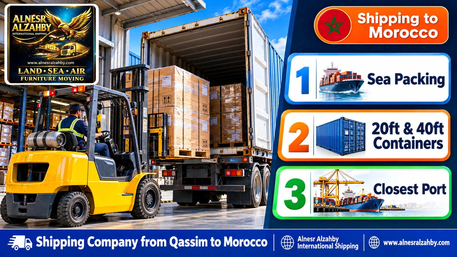 A forklift loading pallets into a truck at a modern warehouse dock