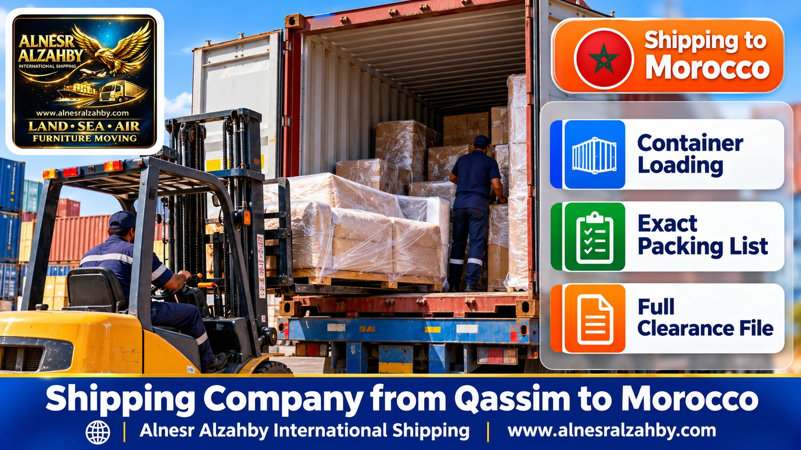 Loading wrapped furniture into a 20ft container at a loading yard